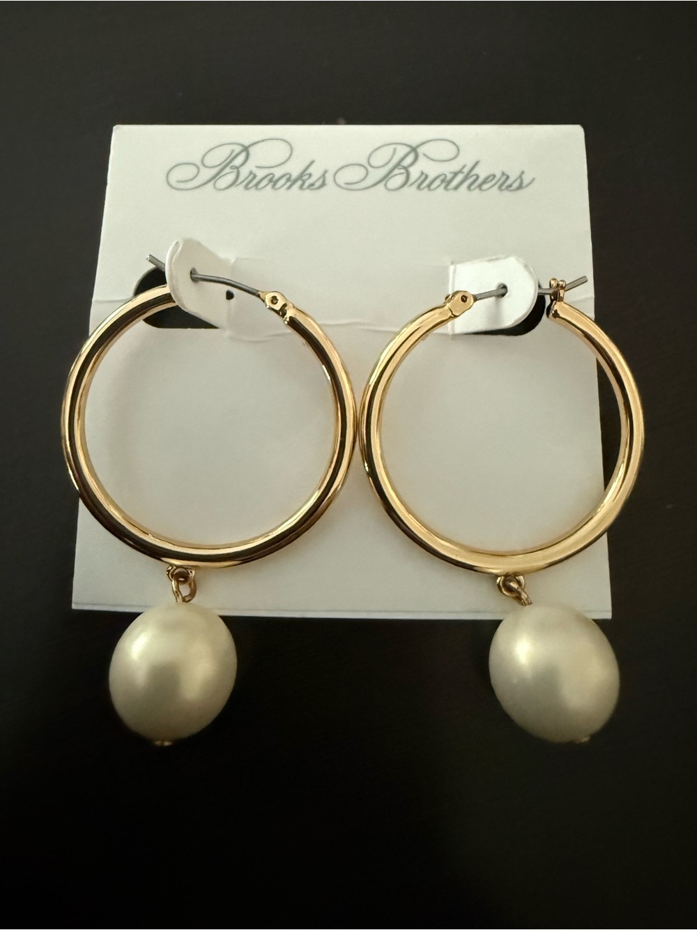Brooks Brothers Gold-Tone Faux-Pearl Drop Hoop Earrings NEW